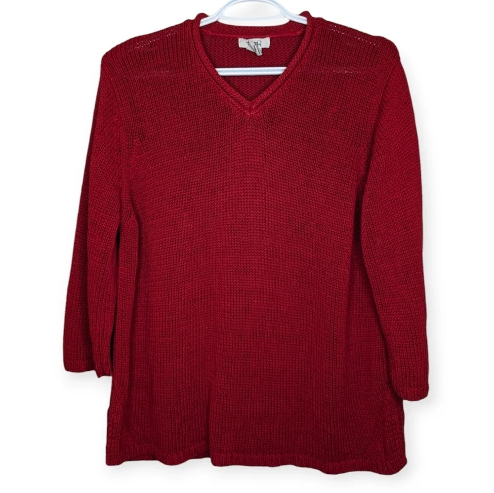 Vintage Northern Reflections Red  Knit 3/4 Sleeve V Neck Sweater Top Women Large